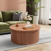 Oubayajia Round Coffee Table with Storage, Wood Lift Top Coffee Table, Waveform Panel, Walnut