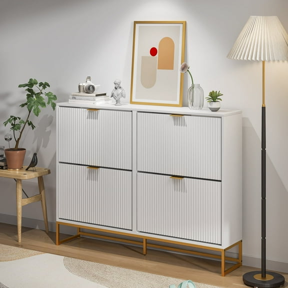 Oubayajia Shoe Cabinet Storage, Modern Fluted, White 4 Flip Drawers, 24 Pair Shoe Organizer