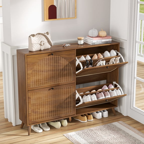 Oubayajia Shoe Cabinet with 4 Flip Drawers, Narrow Shoe Rack Cabinet, Freestanding Shoe Organizer for Entryway Hallway, 5 Sturdy Legs, Walnut