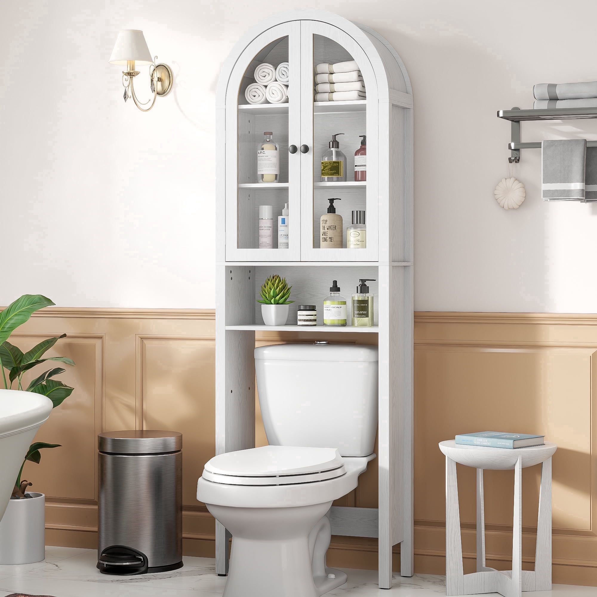 Oubayajia Over The Toilet Storage Cabinet, Bathroom Shelf Over Toilet with Acrylic Doors, 4-Tier Bathroom Storage Cabinet Organizer with Adjustable Shelf, White