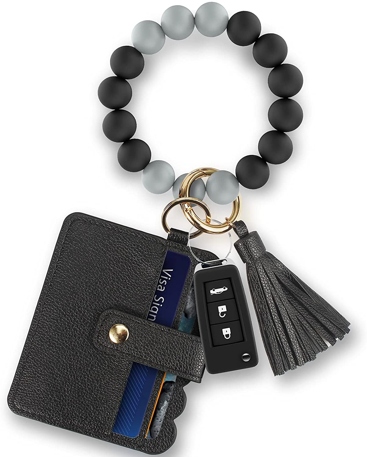 Ouber Women Keychain Bracelet Wristlet with Card Wallet Silicone Beaded ...