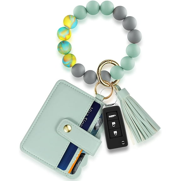 Ouber Women Keychain Bracelet Wristlet with Card Wallet Silicone Beaded Key Ring Bracelet Elastic Keyring Bangle Green-1Pc