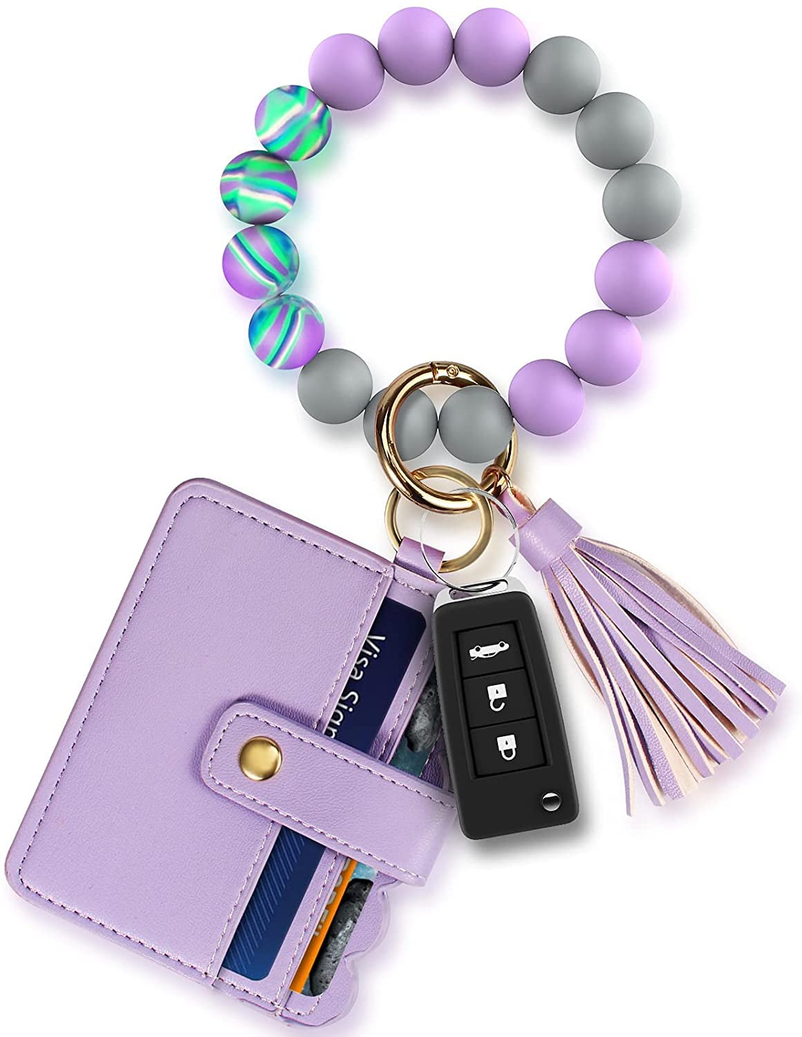 Ouber Women Keychain Bracelet Wristlet with Card Wallet Silicone Beaded ...