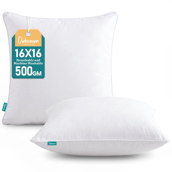 Oubonun 16"x16" Cotton Throw Pillow Inserts 2 Pack with Zipper - 3D Polyester Fiber Fill, Fluffy, hypoallergenic, Machine Washable for Couch Bed