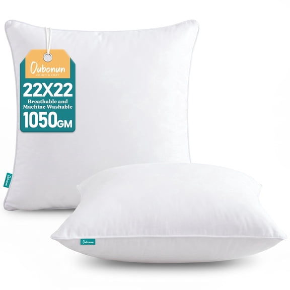 Oubonun 22"x22" Cotton Throw Pillow Inserts 2 Pack with Zipper - 3D Polyester Fiber Fill, Fluffy, hypoallergenic, Machine Washable for Couch Bed