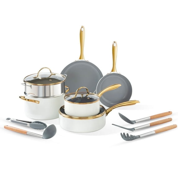 Oubrl 14 Piece Ceramic Nonstick Cookware & Kitchen Set, Beige and Gold
