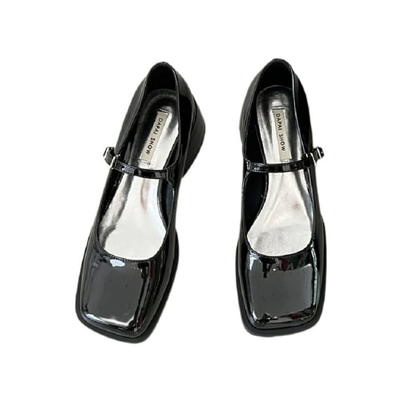 Oucaili Women Dress Shoes Ankle Strap Flats Square Toe Mary Jane Comfort Low Top Chunky Mid Heels Womens Black 5