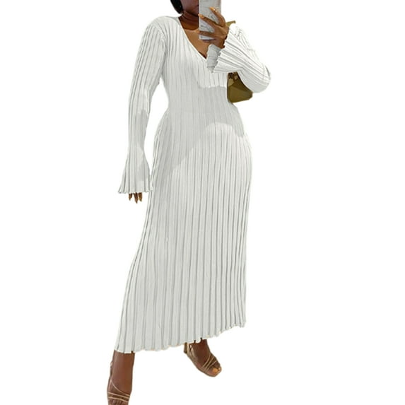 Oucaili Women Pullover Jumper Long Sleeve Sweater Dress Maxi Solid Holiday White 4XL