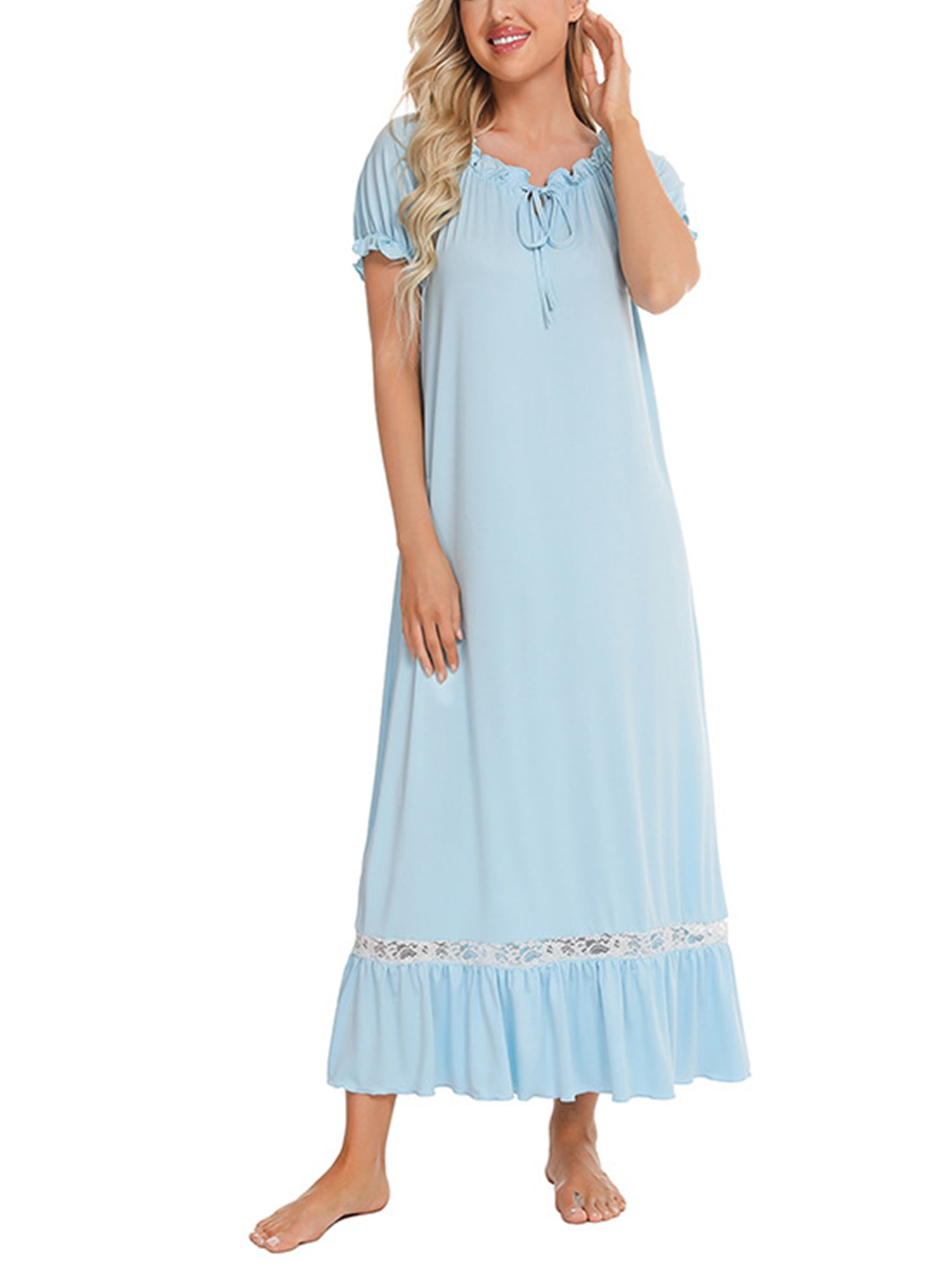 Oucaili Women's Sleep Dress Crew Neck Robes Short Sleeve Nightdress ...
