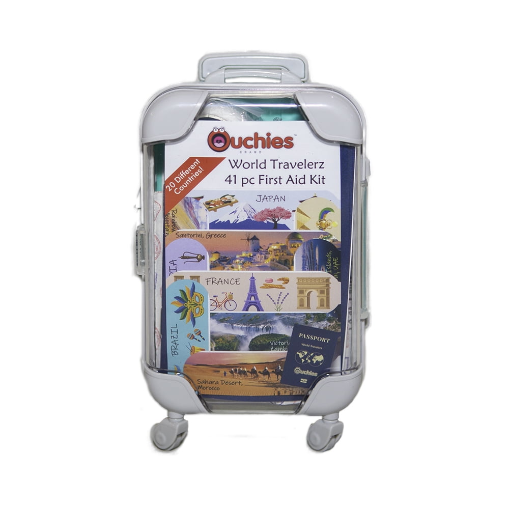 Ouchies World Travelerz 41 Piece (PC) First Aid Kit in luggage with passport for Kids: First Aid and Gift Children to Adults
