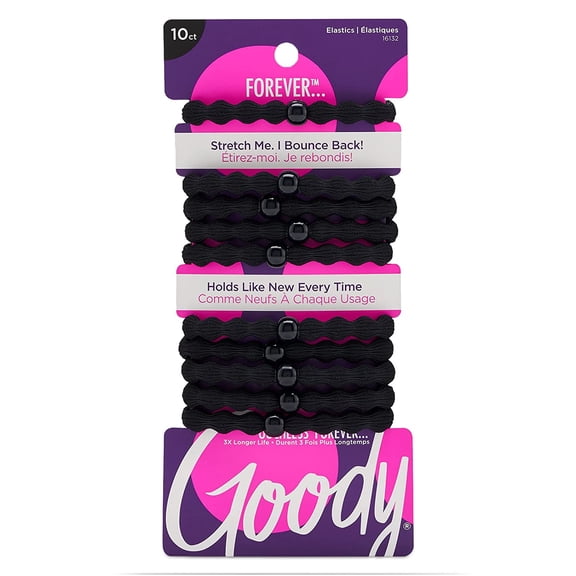Ouchless Forever Hair Elastics, 10 Ct, Black, Damage-Free Bands, 3X Stronger Elastic Ties, Retainable Shape, 16 Strand Inner Core, Styling Accessories for Women & Men, All Types