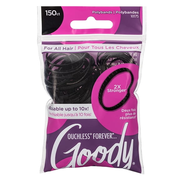 Ouchless Womens Polyband Elastic Hair Tie, 150 Count, Black, Fine Accessories, Style with Ease and Keep Your Secured, Perfect for Fun Unique Hairstyles, Pain-Free