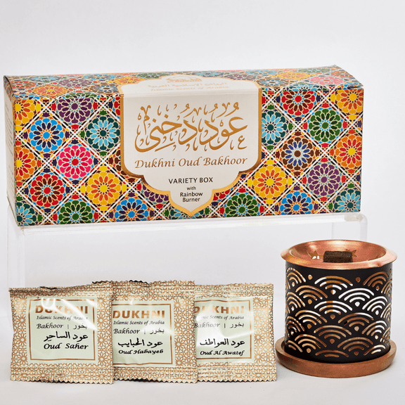 Oud Bakhoor Variety Box & Burner by Dukhni | 20 pcs Arabic bukhour Incense Bricks, 10 Mixed scents | Arabian Oudh Incense Set with Candle Incense Burner | Home Fragrance | Eid & Ramadan Gifts