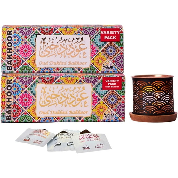 Oud Bakhoor Variety Box with Burner & Refill Box by Dukhni | Set of 2 | Authentic Arabic Bakhoor Incense | Gift Set & Starter Kit | Luxurious Long-Lasting Assorted Fragrances