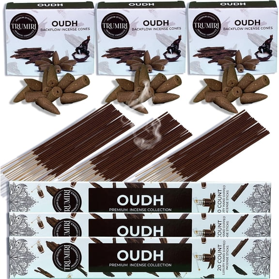 Oud Incense Sticks & Backflow Incense Cones for Waterfall Combo Pack - 60 Insence-Sticks + 30 Backflow Cones - Insents - Incense Waterfall Cones - Inscense