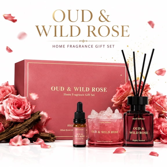Oud & Wild Rose Reed Diffuser Gift Set, Long Lasting Home Fragrance, Crystal Stone Diffuser, Essential Oil Aromatherapy for Living Room, Bedroom & Office