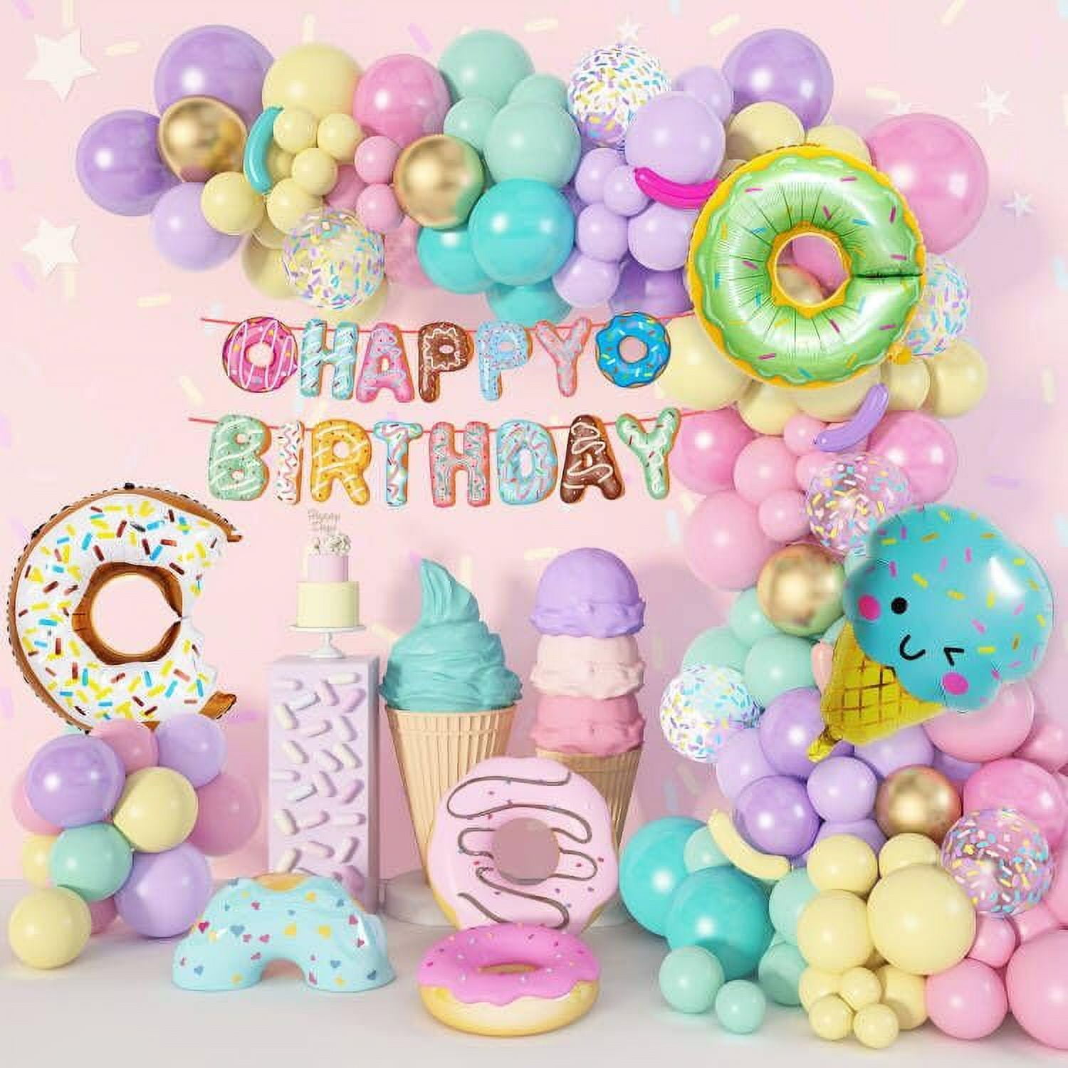 Ouddy Life 148Pcs Donut Balloons Arch Garland Kit, Donut Birthday Party Decorations Two Sweet One Supplies with Happy Birthday Banner Donuts Ice Cream for Girls Grow Up Baby Shower Decor C43