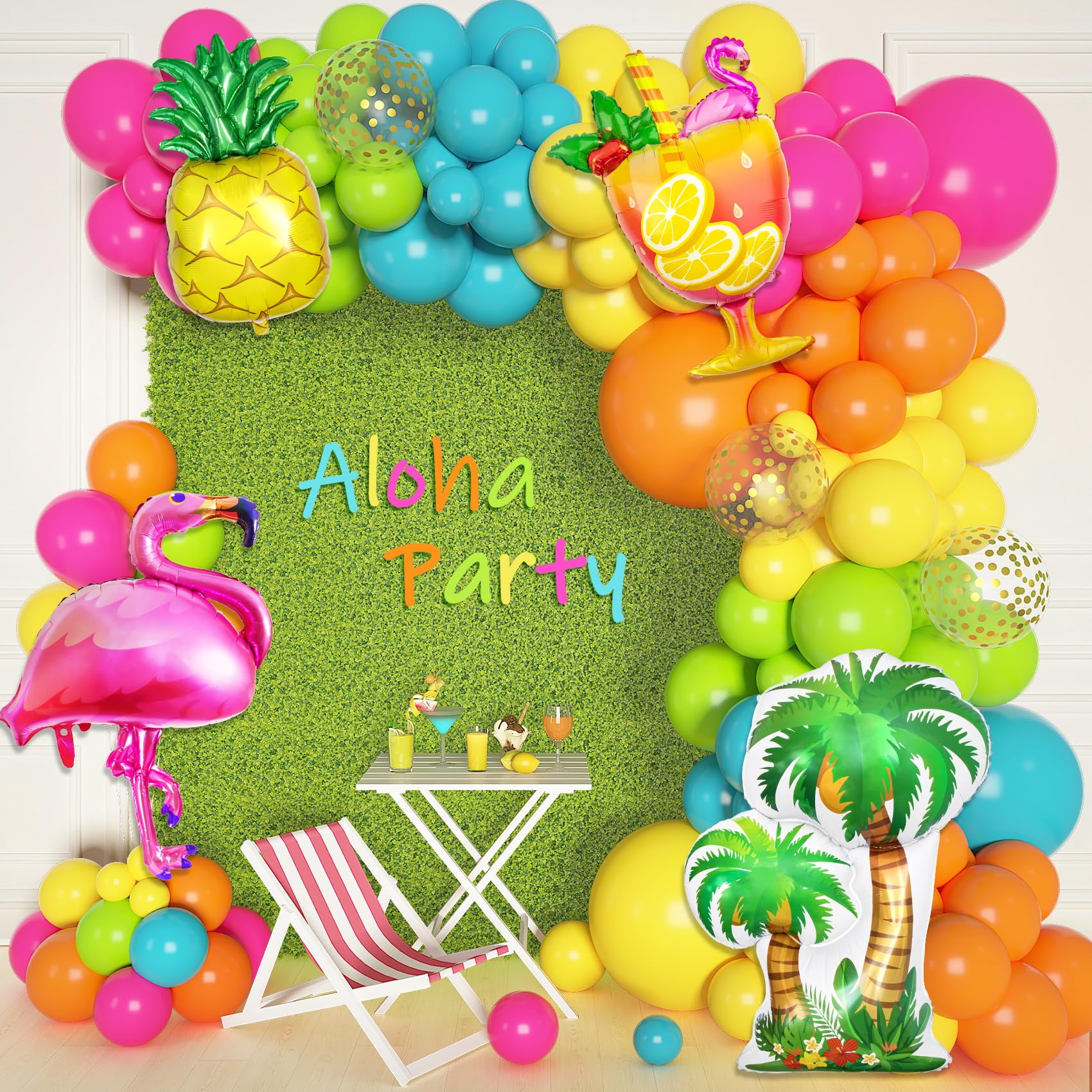 Ouddy Life 187Pcs Summer Tropical Balloons BSL1Garland Arch Luau Party Decorations, Hot Pink Fruit Green Lake Blue Flamingo Coconut Tree Balloon for Beach Aloha Pool Birthday Baby Shower