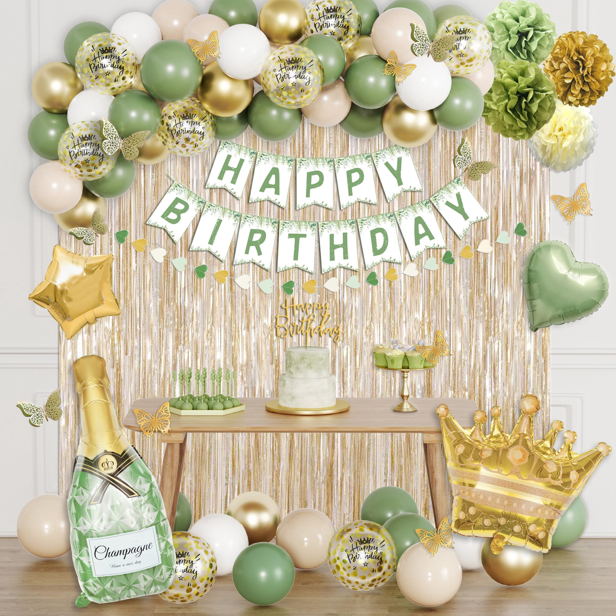 Ouddy Life Sage Green RRF12 Birthday Decorations Green White Gold ...