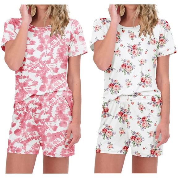 Oudiya 2 Pack Pajamas Short Sleeve Top with Shorts Sets Comfy Pjs Lounge Sets Sleepwear for Women S-2XL