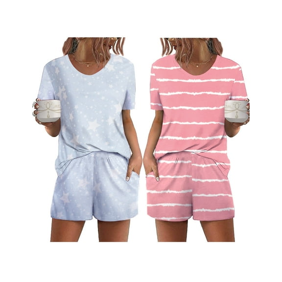 Oudiya 2 Pack Pajamas Short Sleeve Top with Shorts Sets Comfy Pjs Lounge Sets Sleepwear for Women S-2XL