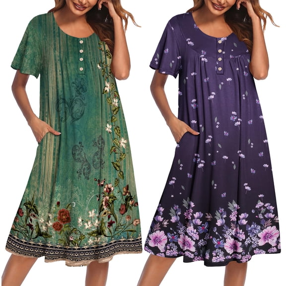 Oudiya 2 Pack Women House Dresses with Pockets Short Sleeve Mumu Dress Plus Size Moomoo Nightgown Floral Lounge Dress, S-4XL