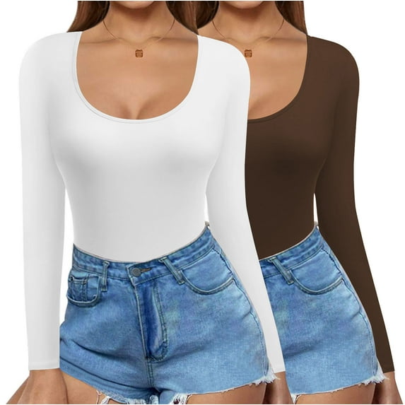 Oudiya 2 Pack Women Long Sleeve Shirts Scoop Neck Tops Slim Fit Undershirts Basic Thermal Tee Shirt, XS-2XL