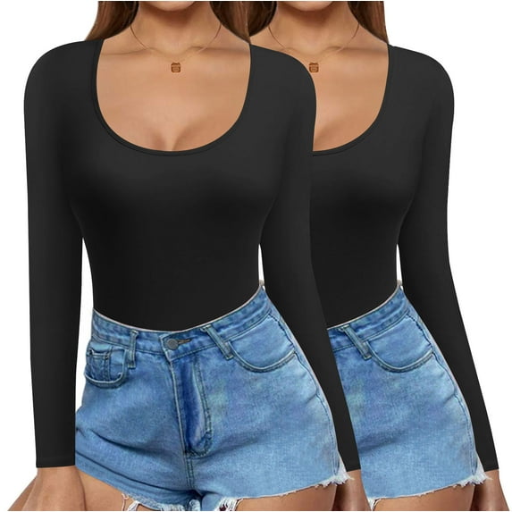 Oudiya 2 Pack Women Long Sleeve Shirts Scoop Neck Tops Slim Fit Undershirts Basic Thermal Tee Shirt, XS-2XL