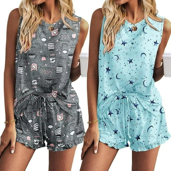 Oudiya 2 Pack Women Pajama Set Print Sleepwear Tank Tops and Ruffled Shorts with Pockets Soft Loungewear Sets Outfits