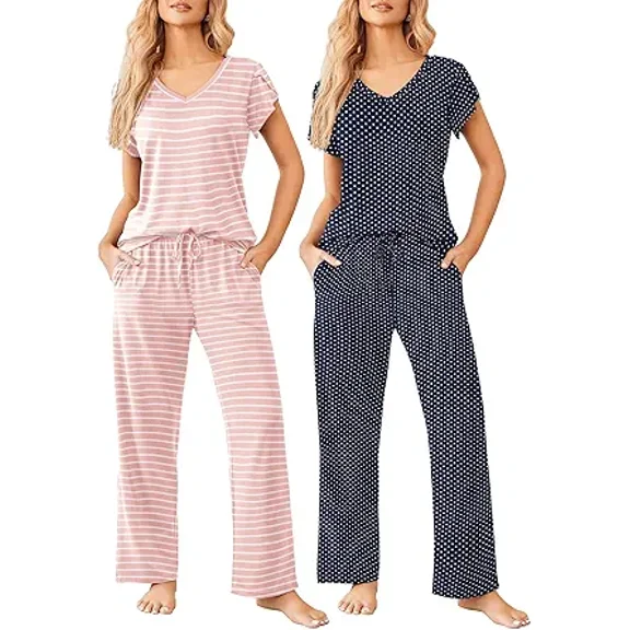 Oudiya 2 Pack Womens Pajamas Short Sleeve Sleepwear Top with Pants Super-Soft Printed Lounge Sets