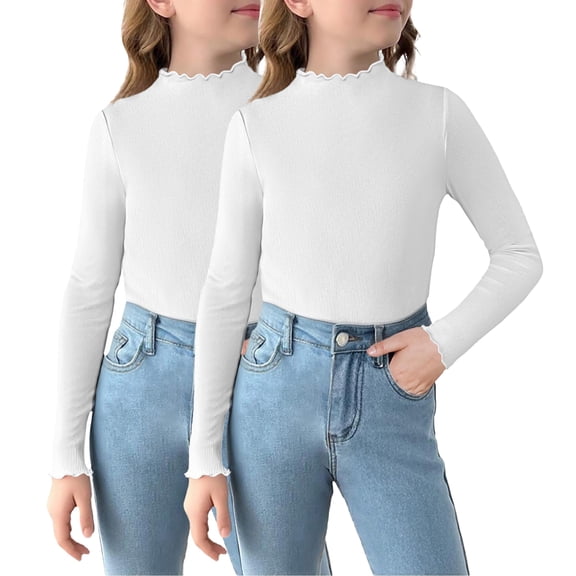 Oudiya 2 Packs Girls Lettuce Trim Mock Neck Long Sleeve Shirts Slim Fit Base Layer Ribbed Knit Tops Tees, 5-12Y