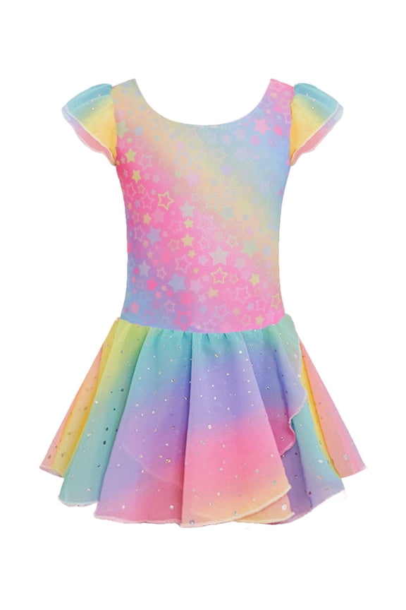 3-9 Years Ruffle Sleeve Ballet Leotard Rainbow Dance Dress Tutu Skirt Outfits for Girls Gymnastics