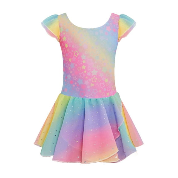 Oudiya 3-9 Years Ruffle Sleeve Ballet Leotard Rainbow Dance Dress Tutu Skirt Outfits for Girls Gymnastics