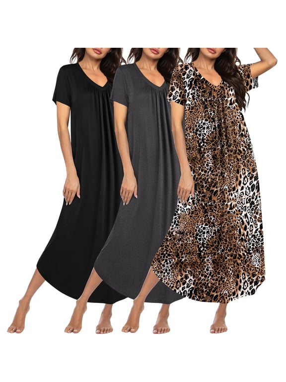 3 Pack Long Nightgowns for Women House Dress Short Sleeve Plus Size V Neck Nightshirt, M-5XL
