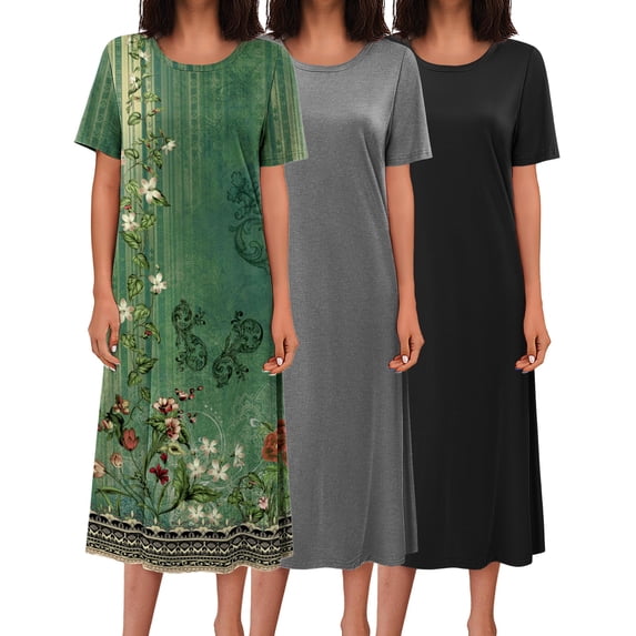 Oudiya 3 Pack Long Nightgowns for Women Short Sleeve Full Length Nightshirt Soft Plus Size Sleepwear Casual Loungwear, S-5XL