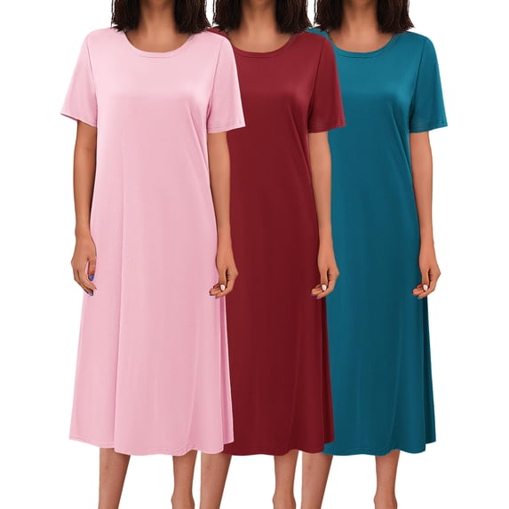 Oudiya 3 Pack Long Nightgowns for Women Short Sleeve Full Length Nightshirt Soft Plus Size Sleepwear Casual Loungwear, S-5XL