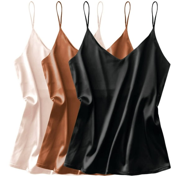 Oudiya 3 Pack Womens Silk Satin Tank Tops V Neck Camisole Spaghetti Strap Top Summer Basic Blouse