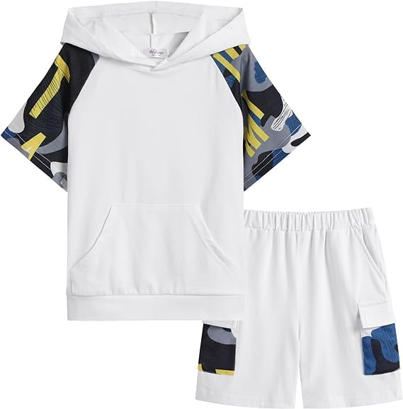 3-Piece Boys Summer Outfit Set – White T-Shirt, Printed Hooded Jacket & Black Cargo main image 0
