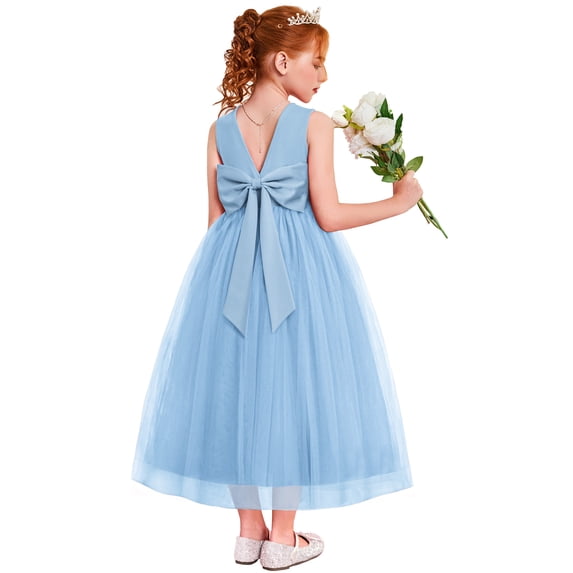 Oudiya Flower Girls Dress Bowknot V-Back Formal Pageant Ball Gown Party Wedding Tulle Long Dresses, 4-12Y