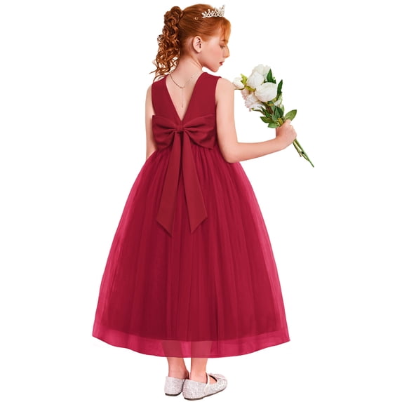 Oudiya Flower Girls Dress Bowknot V-Back Formal Pageant Ball Gown Party Wedding Tulle Long Dresses, 4-12Y