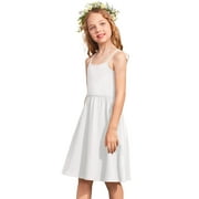 Oudiya Girl Spaghetti Strap Dress Summer Solid Sleeveless Sundress Casual A-Line Dresses White for Kids 11-12Y
