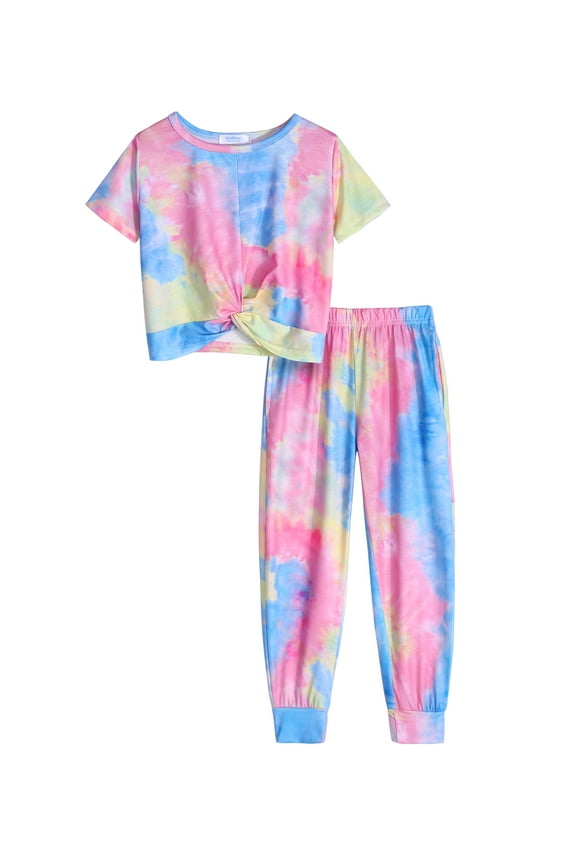 Girl's Summer Clothing Set Short Sleeve Crop Top and Sweatpants Dance Clothes Gift with Fashion Orange for 12-13Y