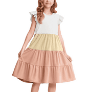 Oudiya Girl's Sundress Casual Ruffle Sleeve Tiered Midi Dress (Kid), Size 12 to 13 Years