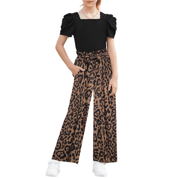 Oudiya Girls 2 Piece Outfits Puff Sleeve Square Neck Tops and Tie Belt Pants with Pockets Clothing Set for Kids 6-14Y