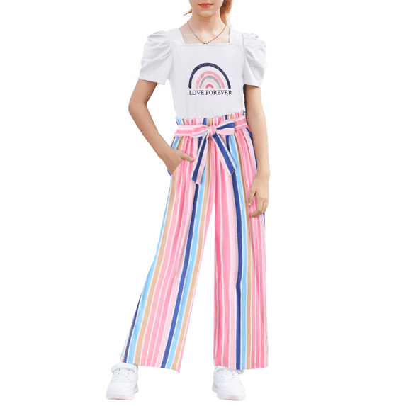 Oudiya Girls 2 Piece Outfits Puff Sleeve Square Neck Tops and Tie Belt Pants with Pockets Clothing Set for Kids 6-14Y