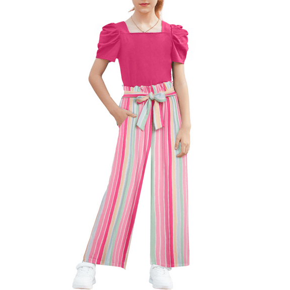 Oudiya Girls 2 Piece Outfits Puff Sleeve Square Neck Tops and Tie Belt Pants with Pockets Clothing Set for Kids 6-14Y