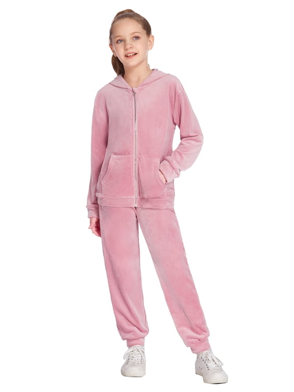 Girls 2 Piece Outfits Velour Tracksuit Hoodie and Jogger Set Sweatsuit Athletic Clothes Sets