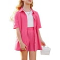 thumbnail image 1 of Oudiya Girls 2 Piece Summer Outfits Kids Cotton Button Down Short Sleeve Collared Linen Shirt and Short Set 6-13 Years, 1 of 9