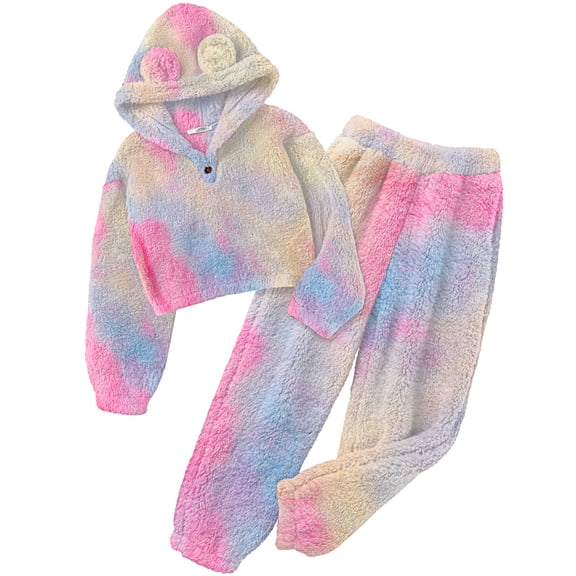 Oudiya Girls 2 Piece Sweatsuit Outfits Bear Ear Fuzzy Long Sleeve Hoodie Sweatshirt and Sweatpant Clothing Set for Kids 5-13Y