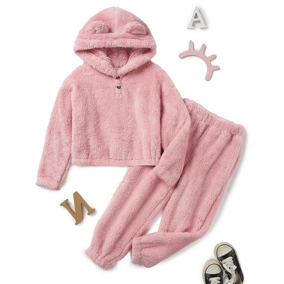 Oudiya Girls 2 Piece Sweatsuit Outfits Bear Ear Fuzzy Long Sleeve Hoodie Sweatshirt and Sweatpant Clothing Set for Kids 5-13Y